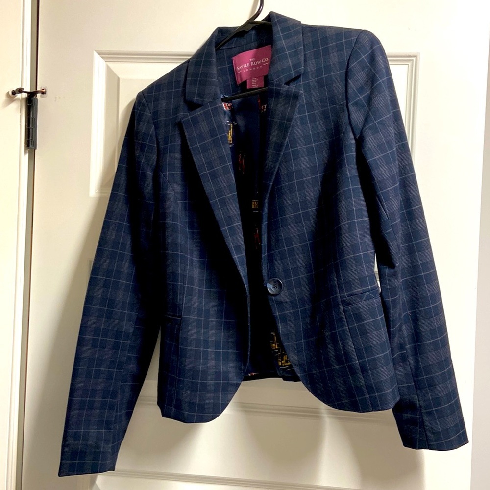 Savile Row Womens Small Navy/gray Plaid Elbow Patch Button Riding Blazer